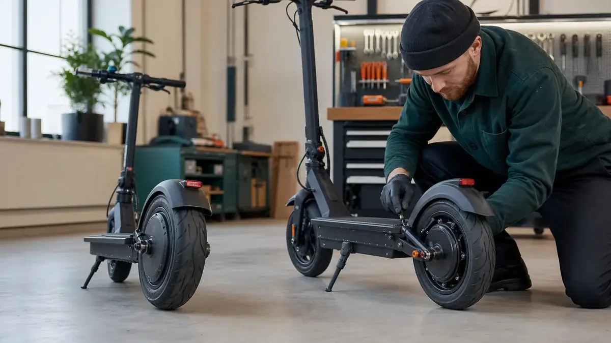 Mekaniker undersøger motor og hjul på et el-løbehjul